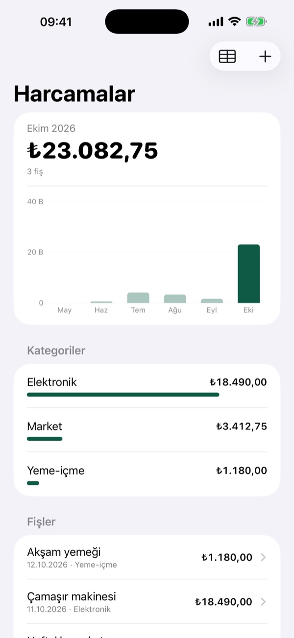 Aylık harcama grafiği ve kategoriler