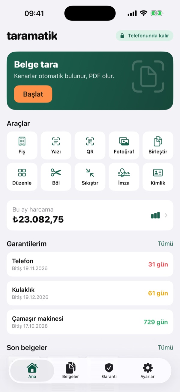 Ana ekran ve Belge tara kartı