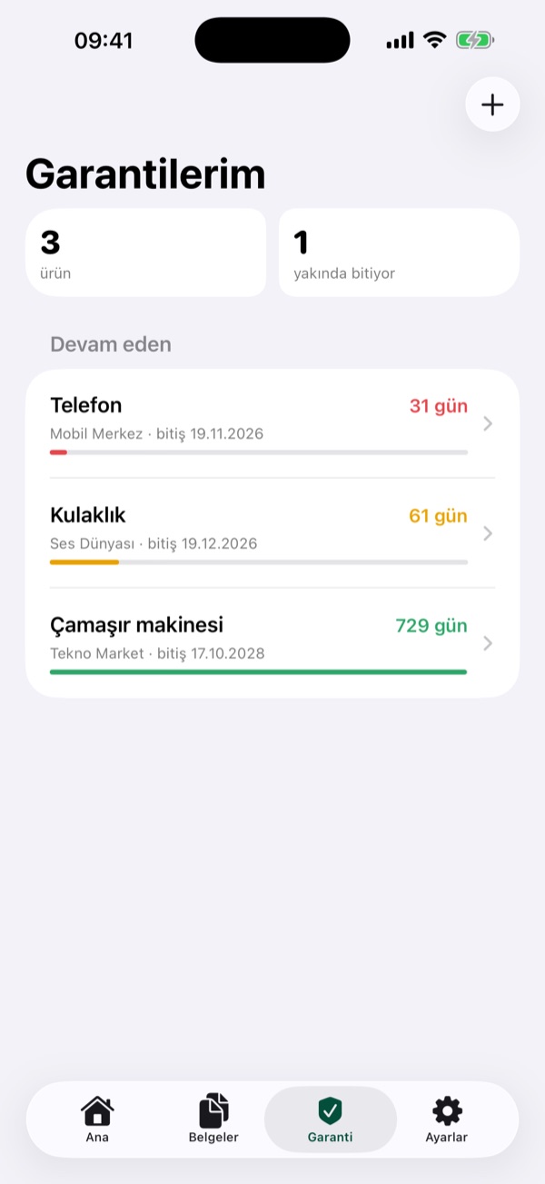 Garantilerim listesi: kalan gün sayıları renkli