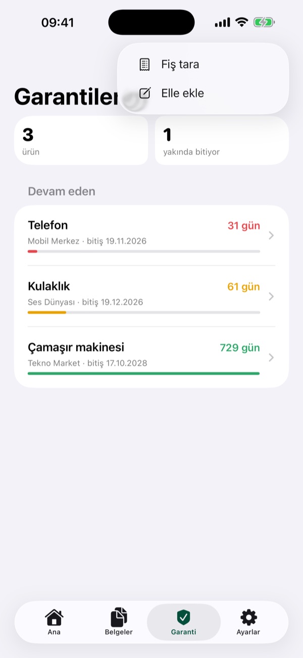 Fiş tara ve elle ekle menüsü