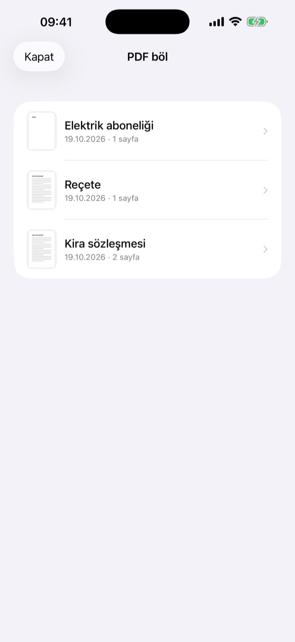 PDF böl ekranı